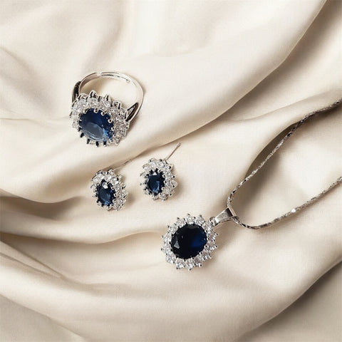 Blue Crystal Rhinestone Charm Earrings Necklace Ring Set