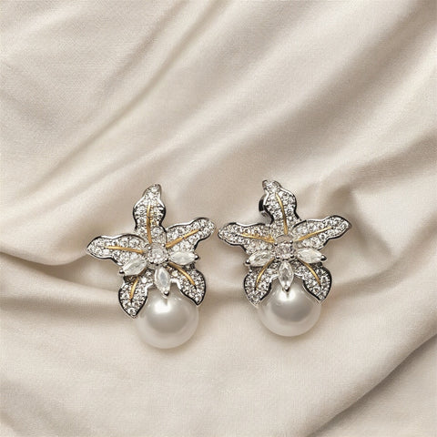 Two Tone Flower Simulated Pearl Earrings