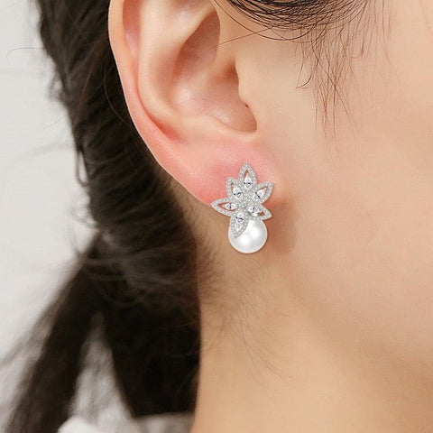 Silver Dahlia Pearl Earrings